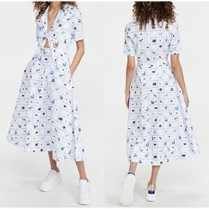 Staud Whitel Blue Linen Good Luck Pup Print Midi Shirt Georginana Dress, Size 10